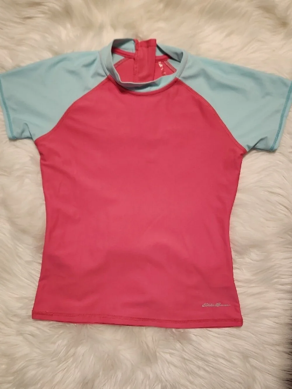 Eddie Bauer - Colorblock Rash Guard - Pink with Light Blue Sleeves  - Size 10-12